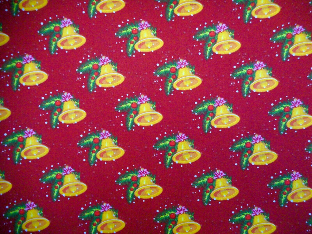 Christmas Quilt Fabric By Yard Gold Bells Green Pine on Red Premium Cotton #44