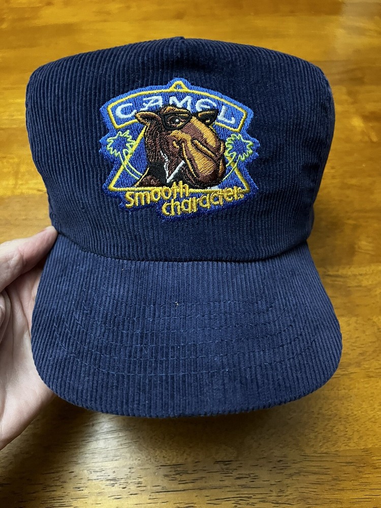 VTG Joe Camel Hat Cap SnapBack Corduroy Blue 90s Spellout