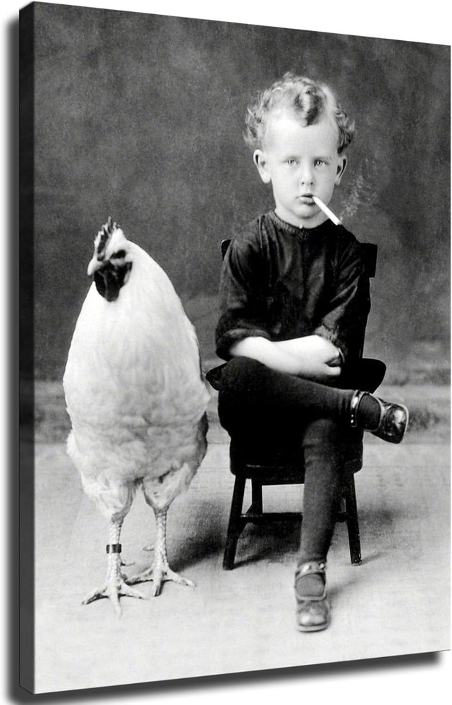 Portrait of Weird Retro Boy Smoking with Chicken Pet Poster Canvas  Painting