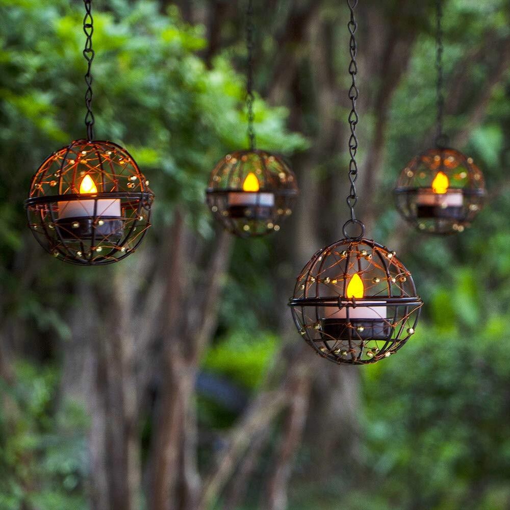 Solar Lights Outdoor Hanging Lanterns Beaded Copper Wire Ball Candle Holder With