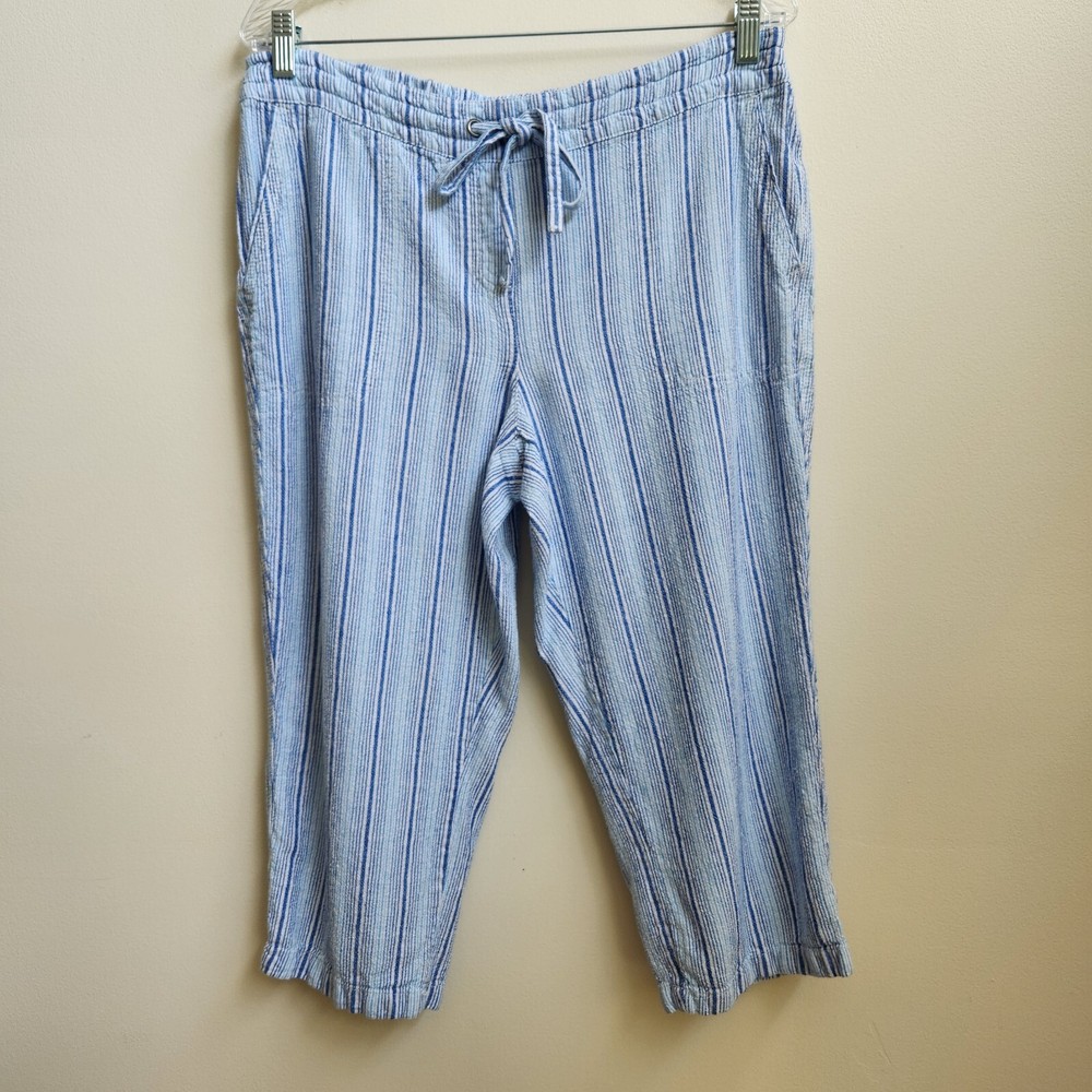 Per Se Pants Womens Large Linen Blend Blue Stripe Beach Coastal Drawstring Capri