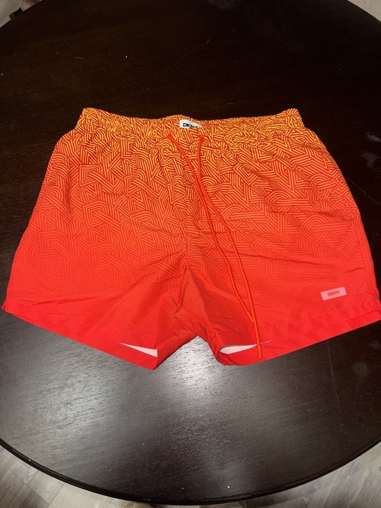 DKNY Mens Red/Orange Textured Ombre Drawstring Swim Shorts, L