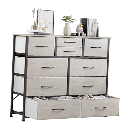 10-Drawer Fabric Dresser Storage Unit in Greige for Bedroom or Closet