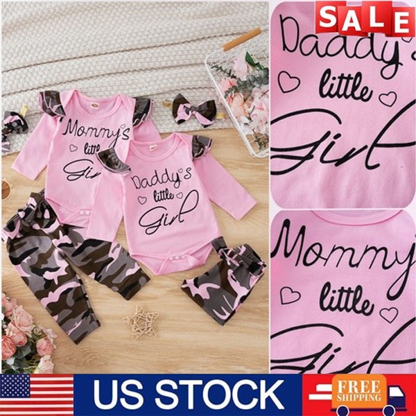 3Pcs Newborn Infant Baby Girls Clothes Romper+Printed Pants+Headband Outfit