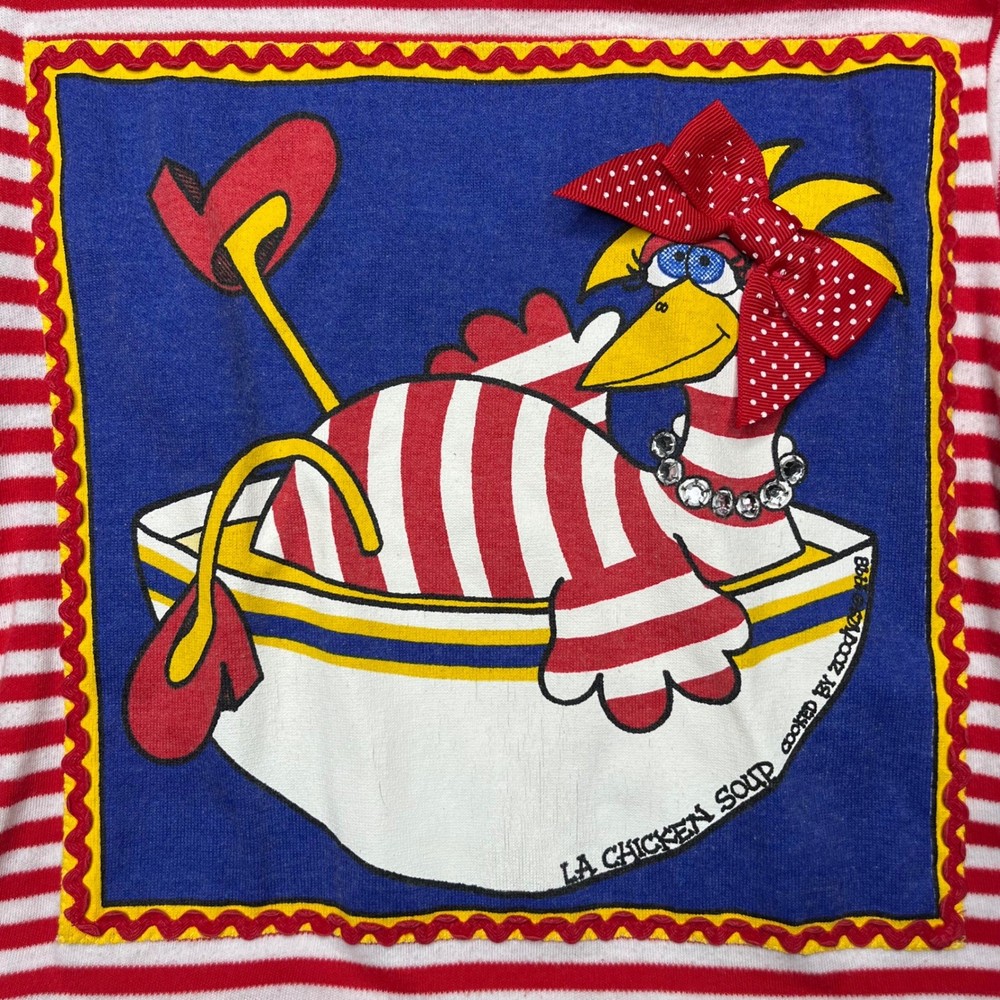 Kids Zoodles Red White Stripe Chicken Soup Dress Ruffle French Text S 5-6