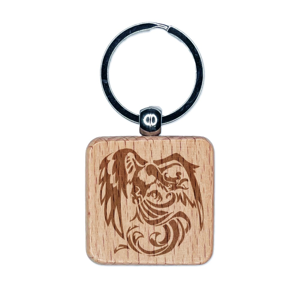 Asian Phoenix Fenghuang Chinese Mythological Engraved Wood Square Keychain