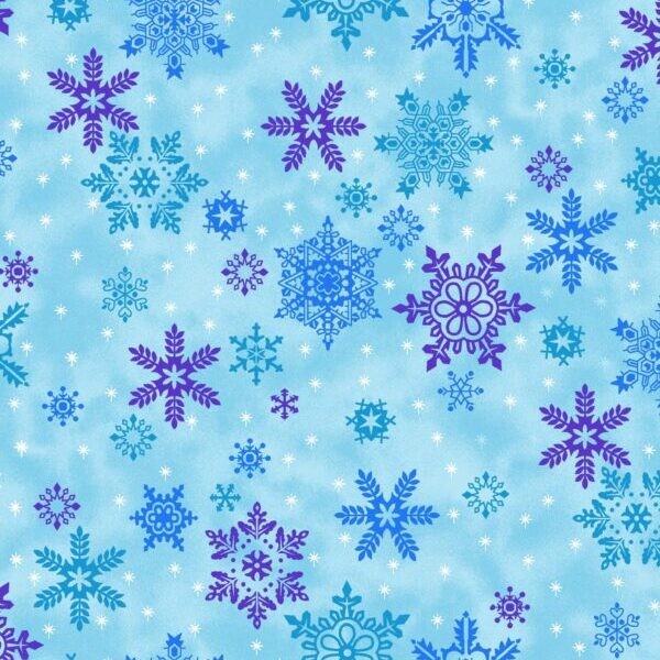 Fabric Traditions | Christmas Blue & Purple Snowflakes With Glitter | YARD