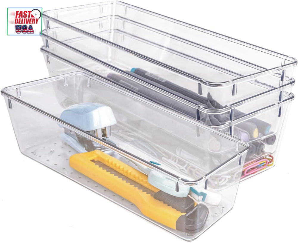4 PCS Clear Plastic Drawer Organizer, Desk Drawer Divider Organizers and Storage