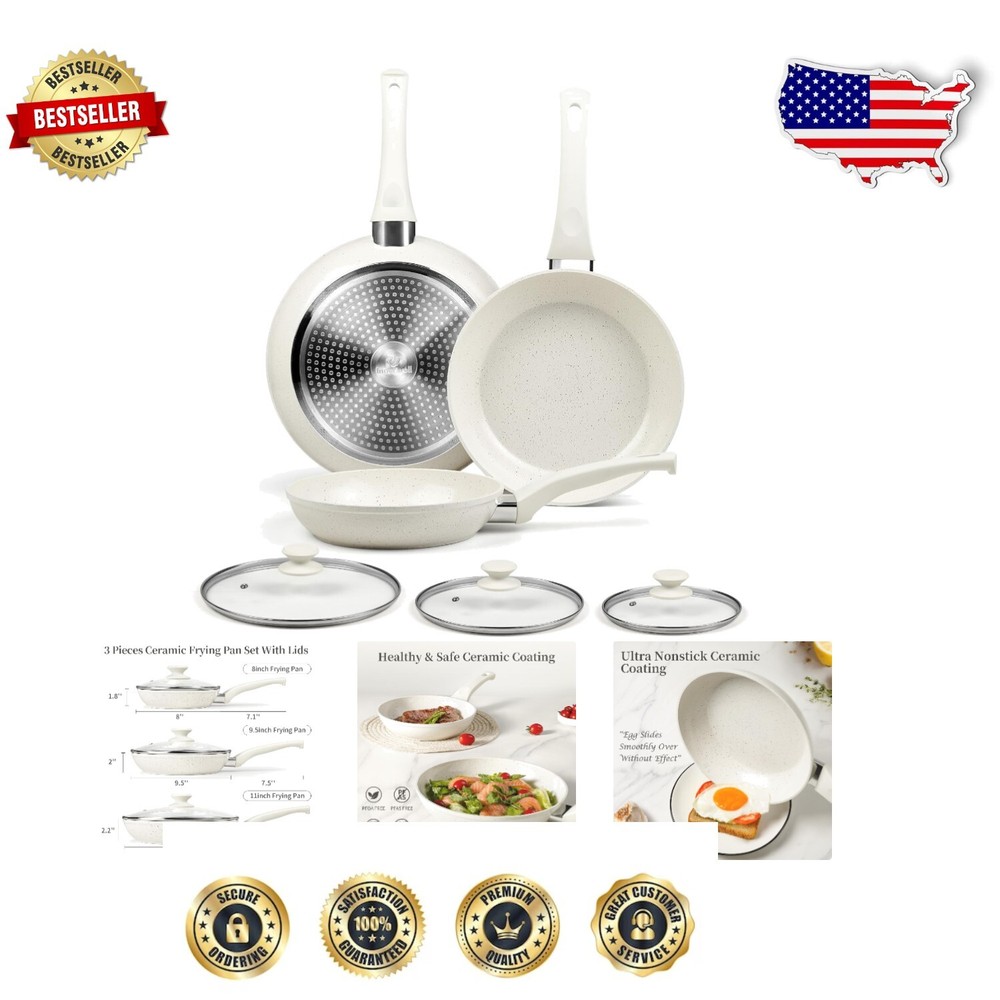 Easy Clean Nonstick Ceramic Frying Pans with Lids - 3-Piece Set for All Stoves