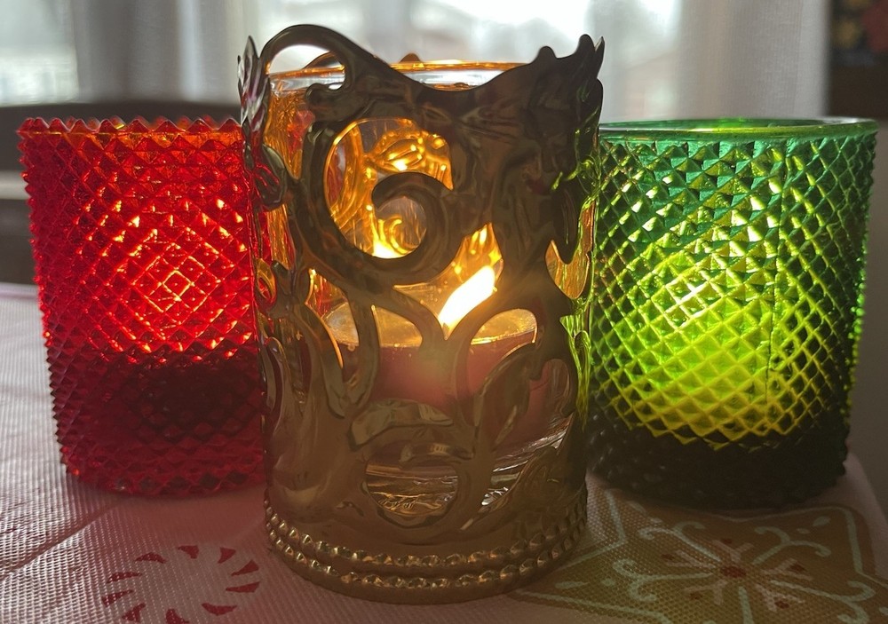 Vintage Brass Green and Red Glass Votive Candle Holders 3” Christmas