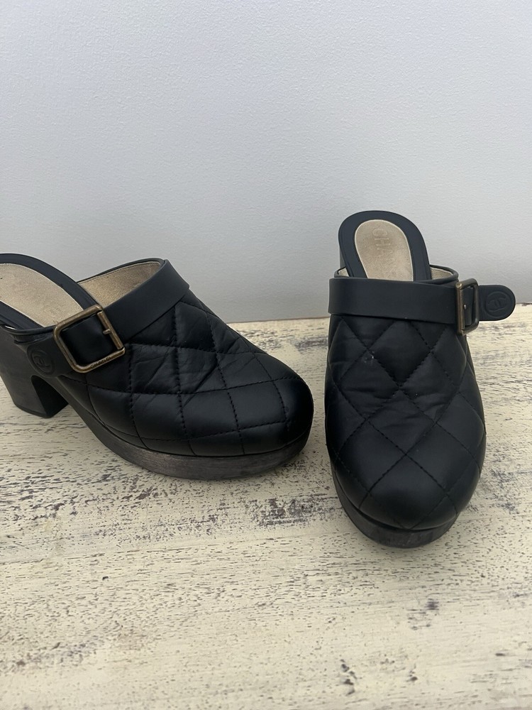 Chanel Authentic Black Quilted Leather Buckle Clog Mule Gently Worn