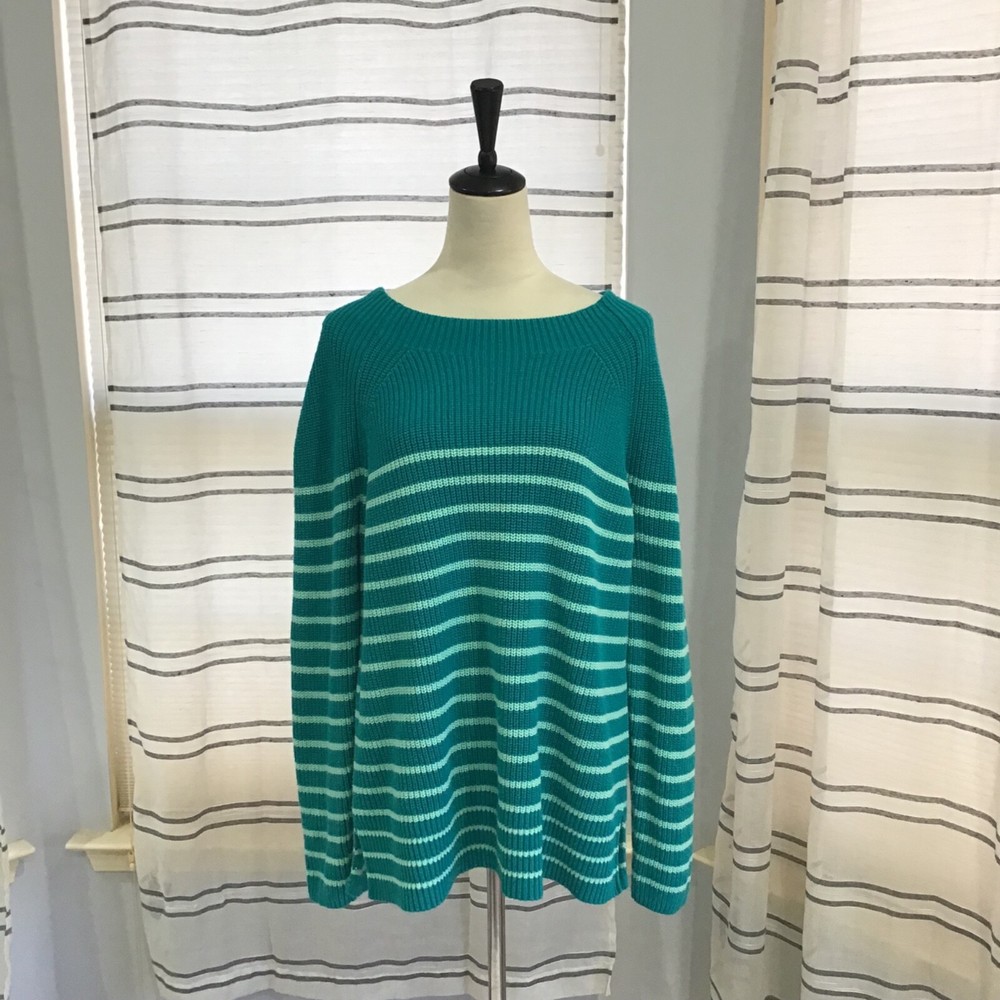 Lands End Womens XL Green Striped Cable Knit Crewneck Sweater Size 18