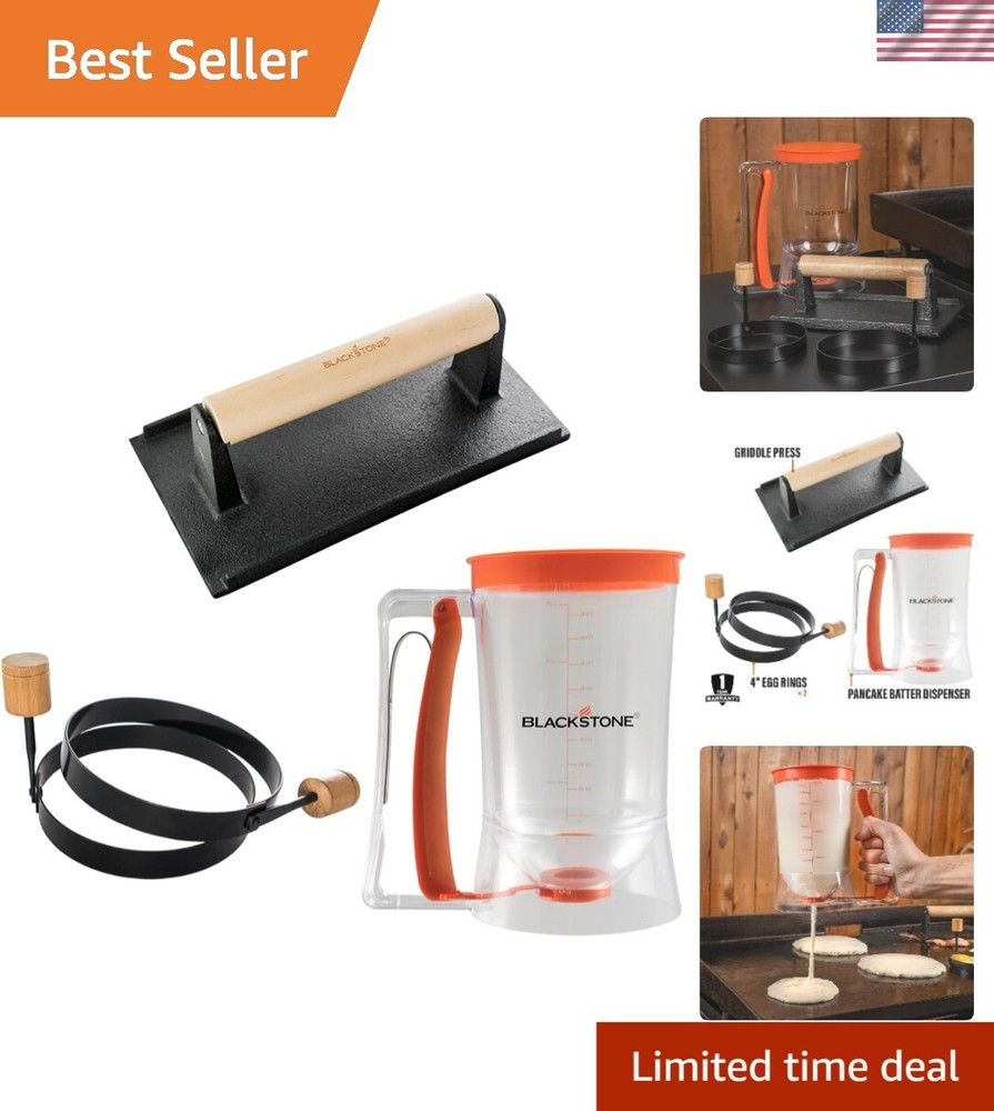 Professional 4pc griddle set with batter dispenser & cast iron bacon press