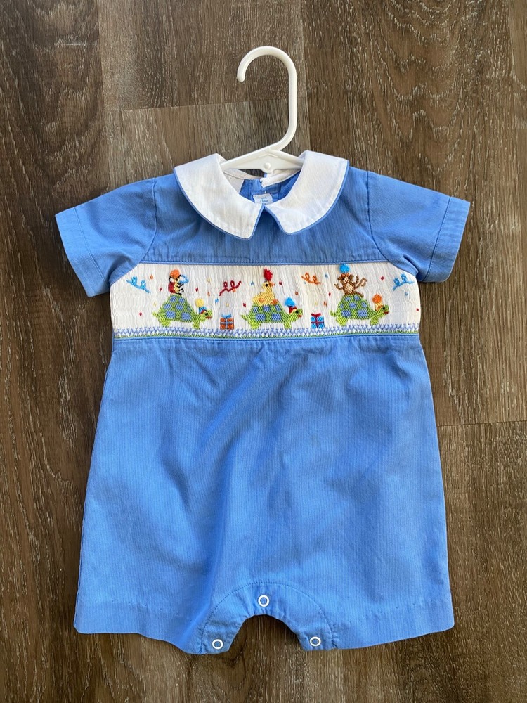 VIVE LA FETE blue smocked jon jon romper~size 6 months~6M~Happy Birthday Party~