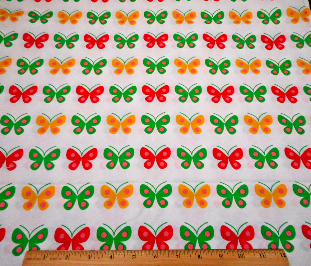 Butterfly Fabric By Yard SALE Red Green Yellow on White Premium Cotton Vtg #PC