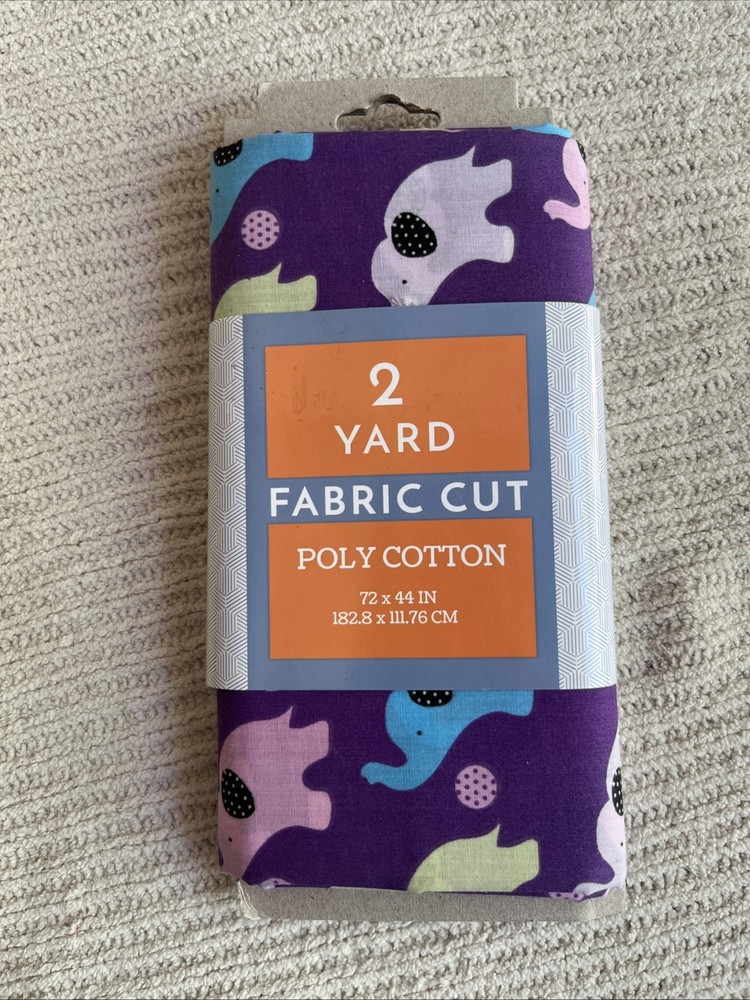 NEW Two (2) Yards Pre-Cut Poly Cotton Fabric in an Elephant Print on Purple.