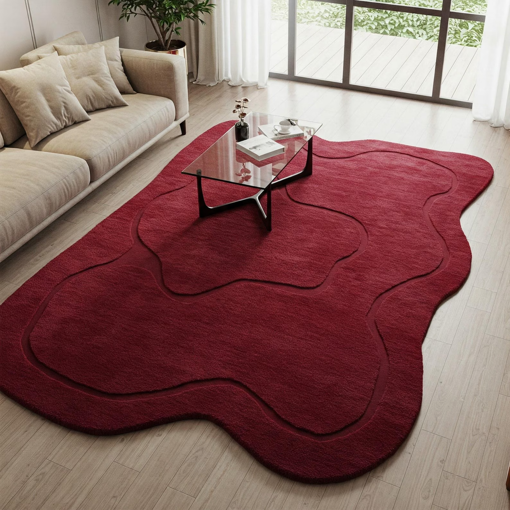 Deep Red Irregular Abstract Hand Tufted Rug, Modern Curved Wool Area Rugs