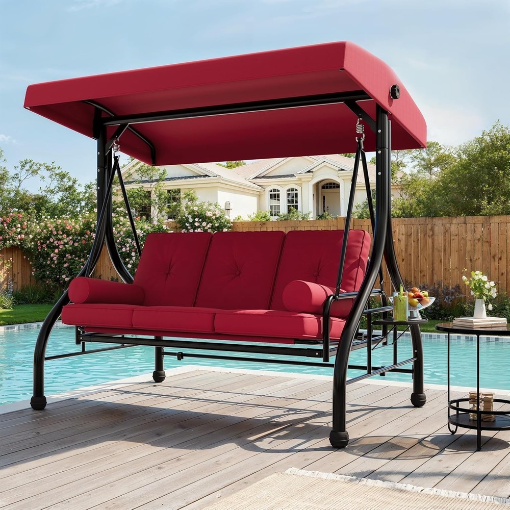 Outdoor Porch Swing with Adjustable Canopy 3-Seat Garden Patio Swing Chair