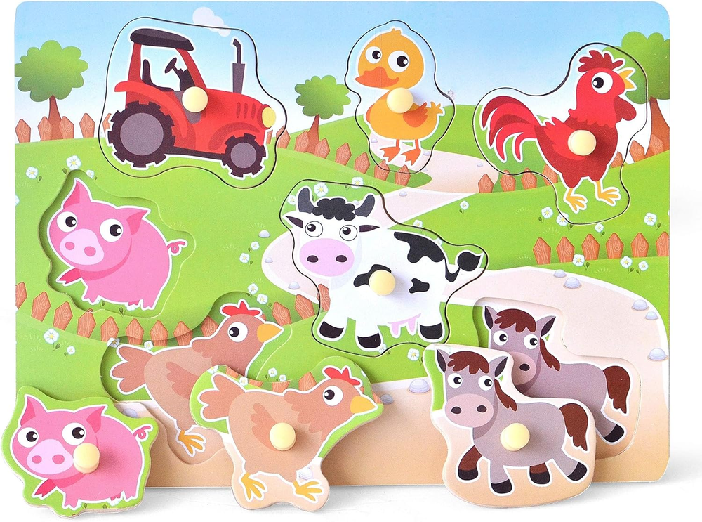 Farm Animals Wooden Peg Puzzle for Toddlers - 7-Piece Preschool Learning Toy