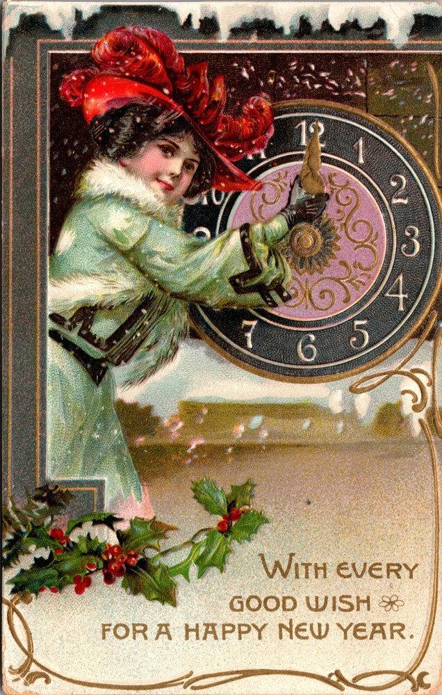 1908 New Years Postcard Stylish Lady Puts Clock Hands at Midnight R Tuck-image
