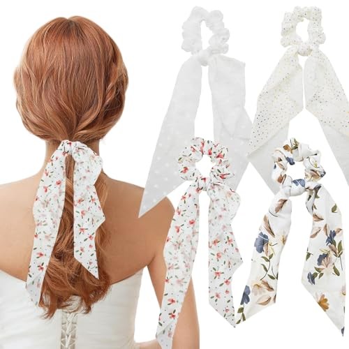 4 Pack Hair Scrunchies with Bows - Soft Elastic Ponytail Holders for Women