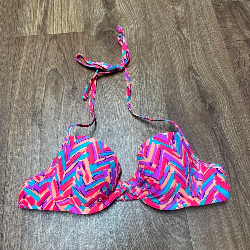 Aerie Womens Blakey Underwire Halter Bikini Top 34A Geo Neon Print