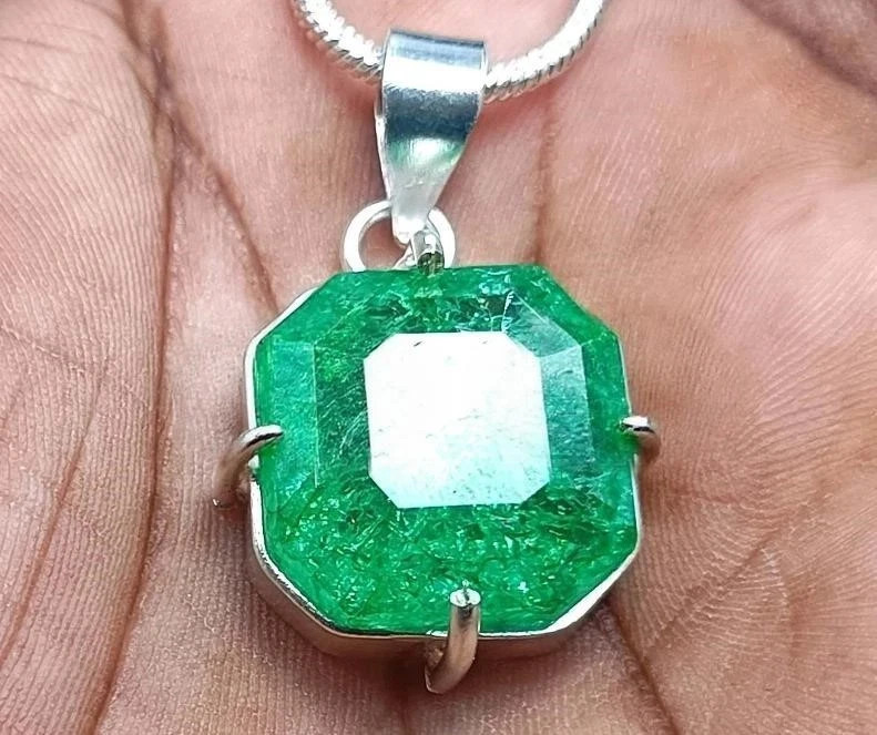 Certified 38.05 Ct Green Emerald 925 Solid Silver Octagon Cut Pendant Gemstone