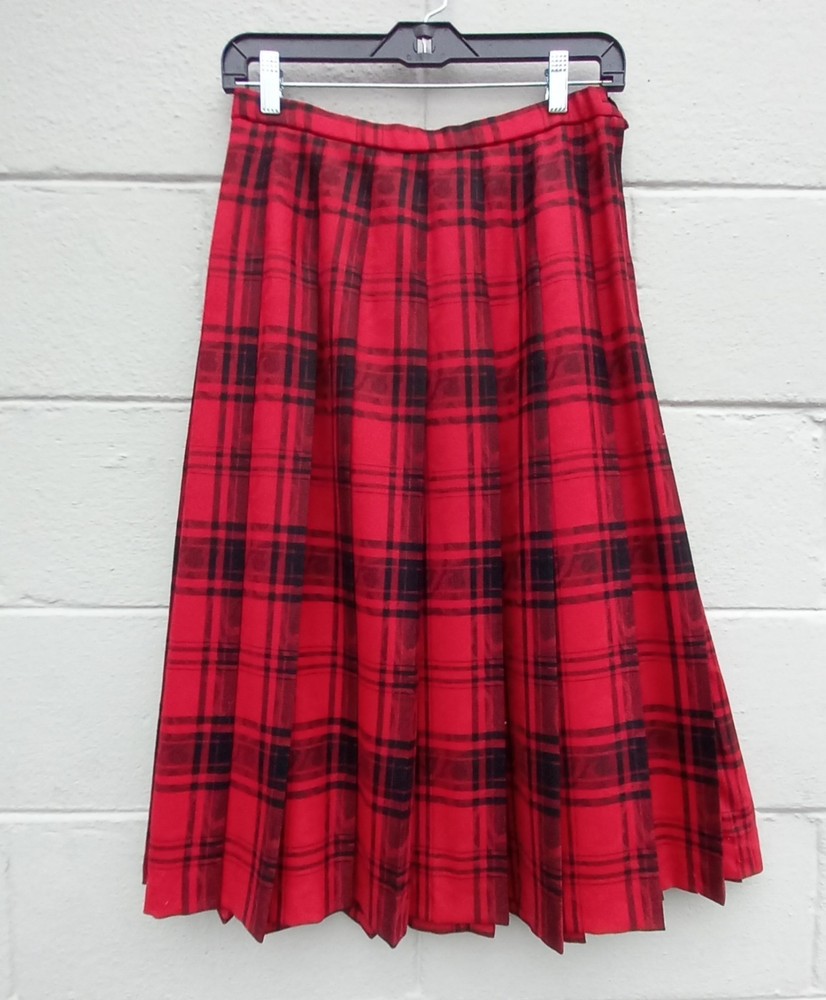 Vintage Pendleton 100% Wool Red Black Plaid Pleated Midi Skirt Sz 10P 27” Waist