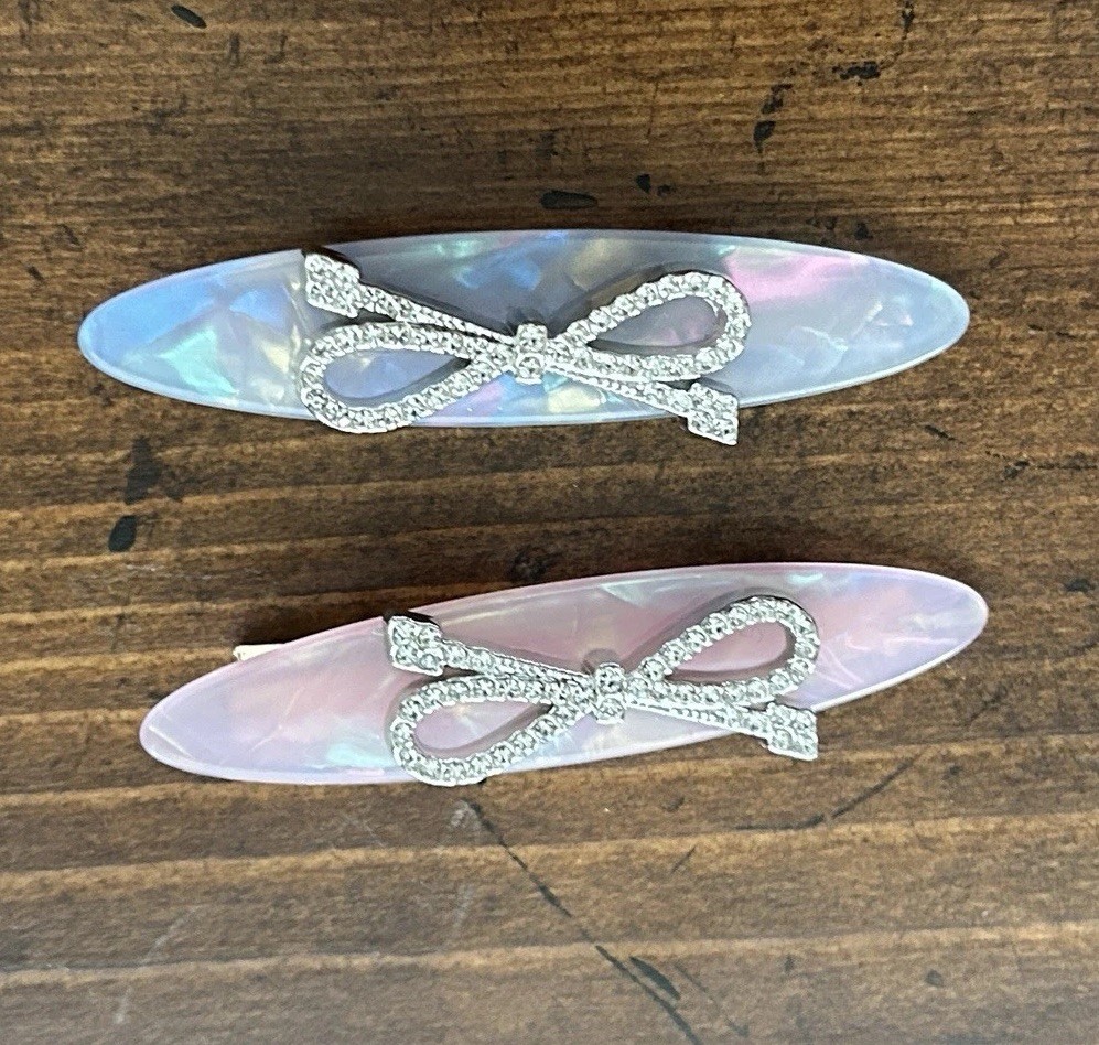 Set of 2 Iridescent Acrylic Rhinestone Bow Hair Clips Alligator Pastel