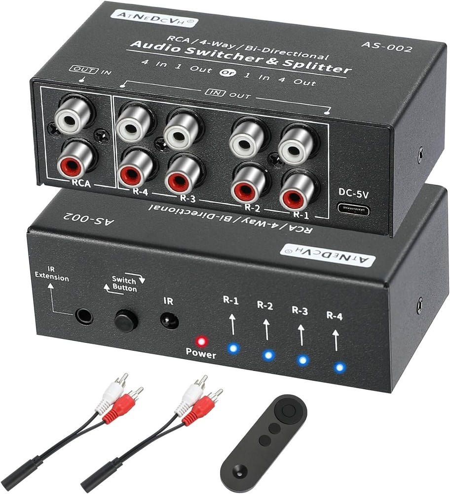 Aluminum RCA 4-Way Audio Switcher Package - Remote Control & Cables Enclosed