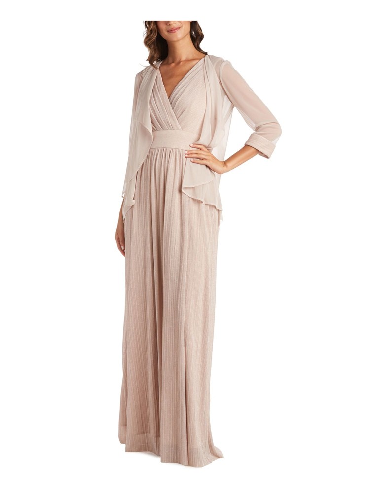 R&M RICHARDS Womens Beige Glitter Sheer 3/4 Sleeves Open Front Evening Jacket 8