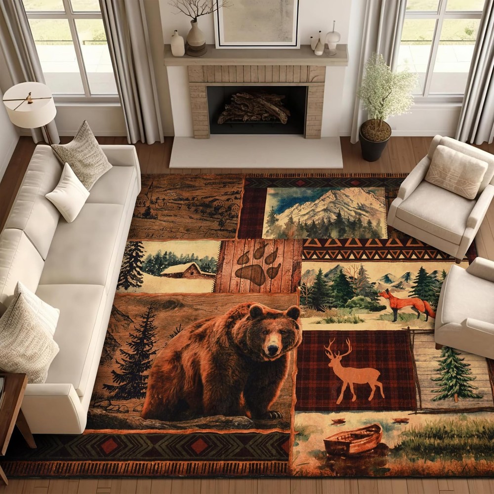 Rustic Cabin Area Rug 8x10, Lodge Bear Moose Deer Rugs for Living Room, Low P...