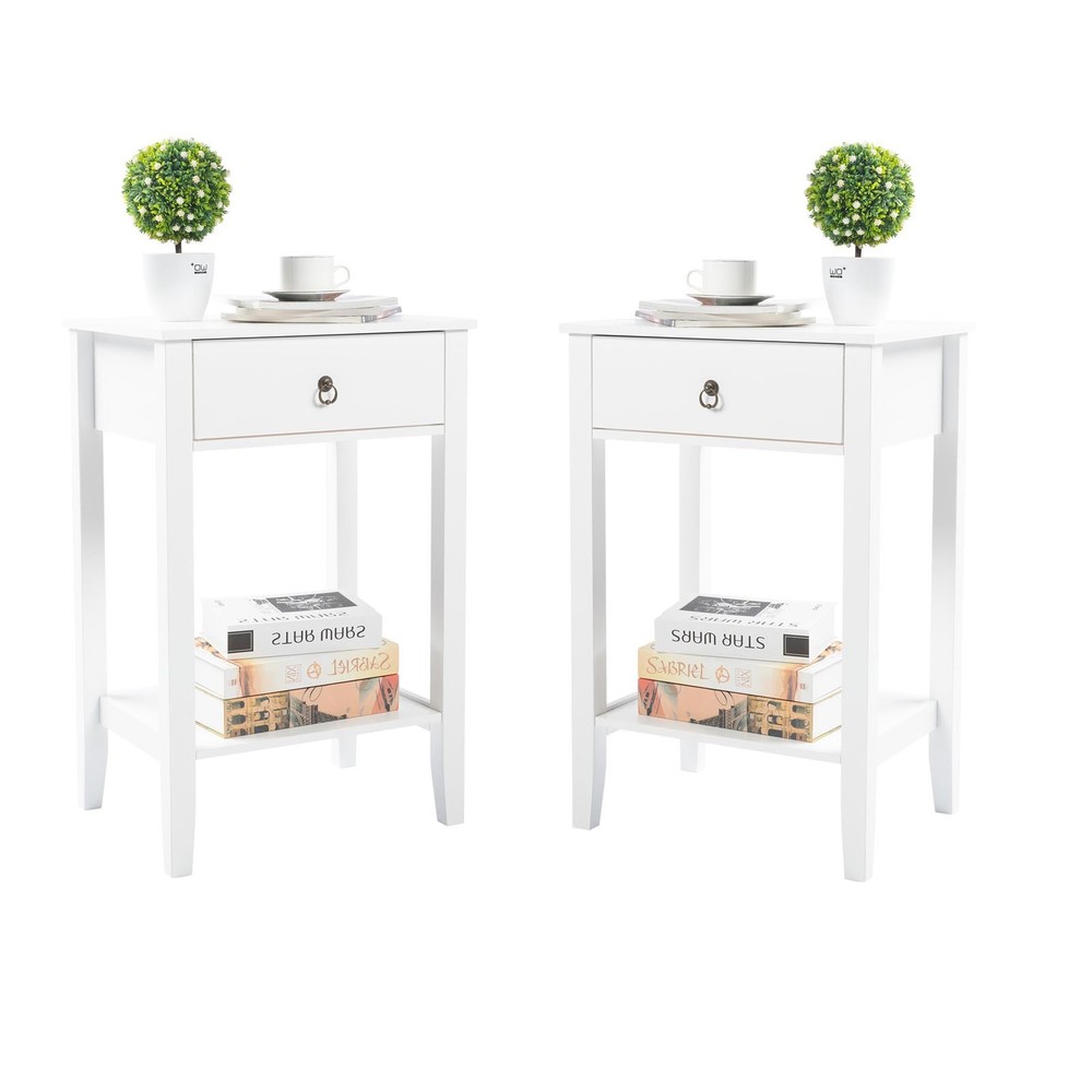 Set Of 2 Nightstand Wood Bedside Tables Living Room End Table Storage Wood White