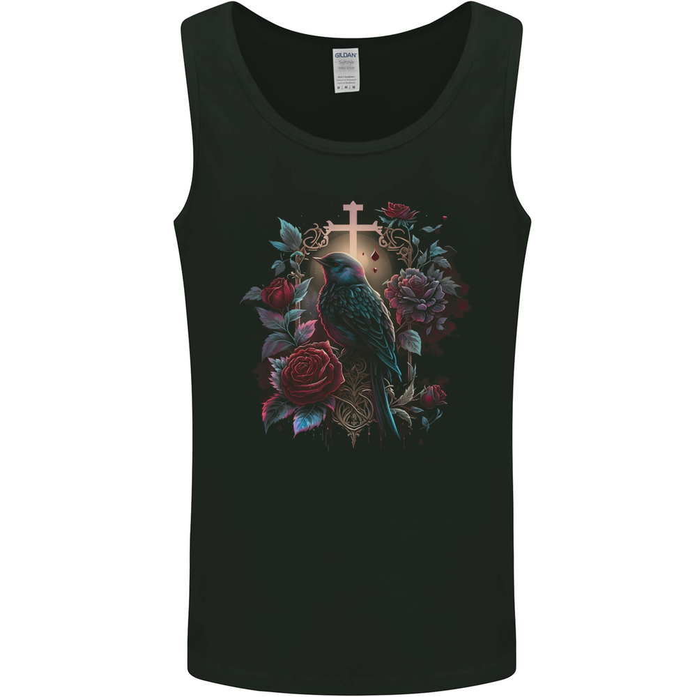 A Gothic Bird and Cross in Roses Gothic Mens Vest Tank Top
