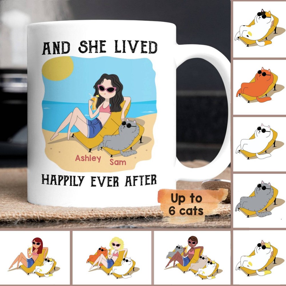 Custom Cat Lover Mug - Personalized She Lived Happily Ever After Design