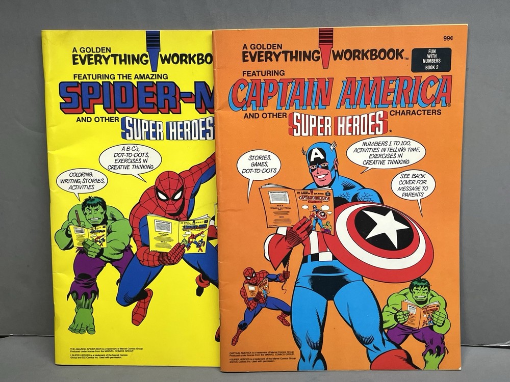 VINTAGE MARVEL SUPER HEROE EVERYTHING WORKBOOK Spider-Man & Captain America Used