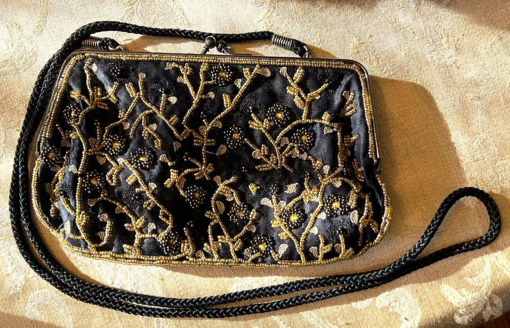 Vintage Lancome Black Satin Floral Beaded Evening Clutch / Purse / Bag