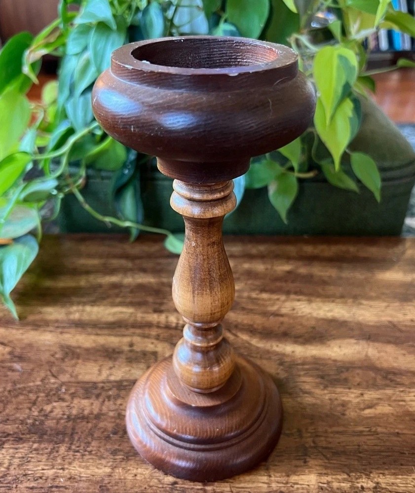 Vintage Turned Wood Pedestal Goblet | Two-Tone Wooden Chalice Candle Holder