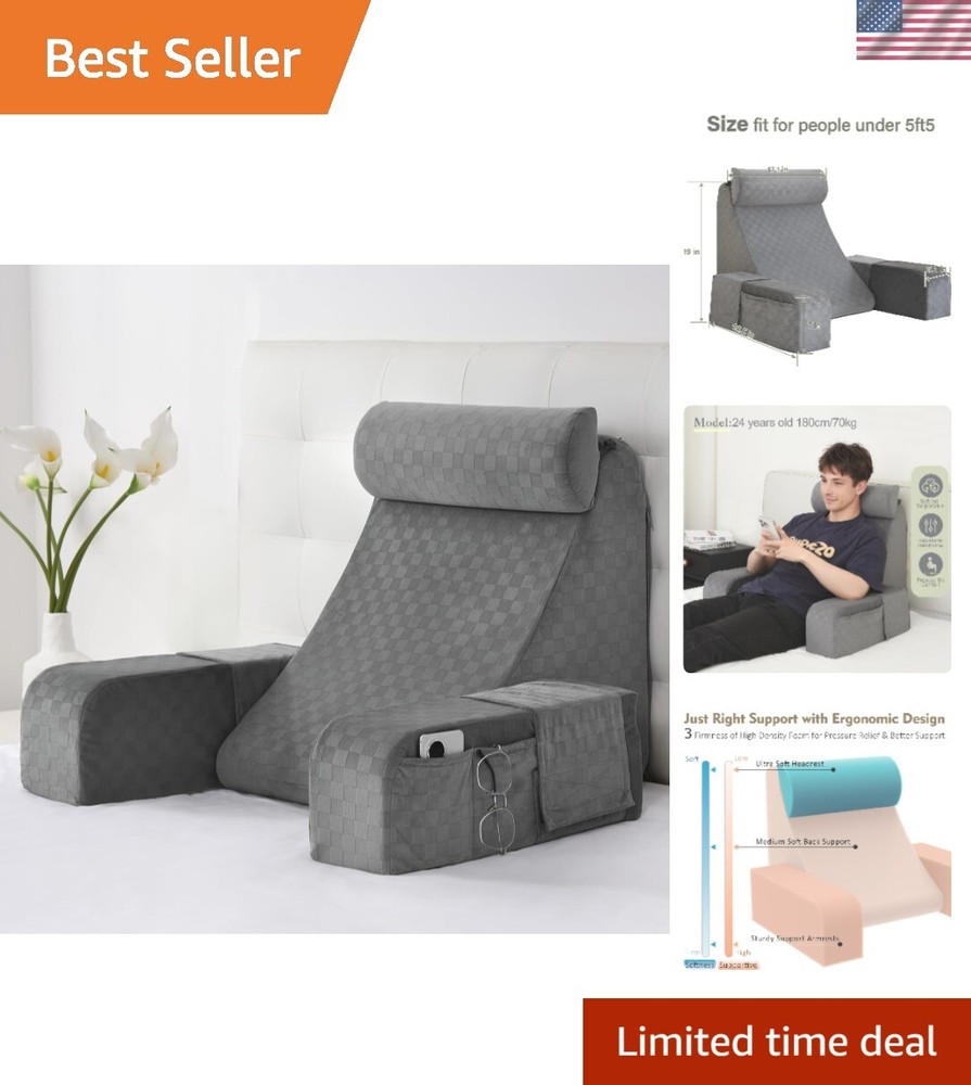 Foam Reading Pillow with Arm Support and Large Pockets in Grey