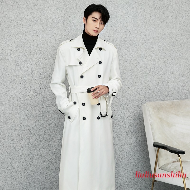 Winter White Trench Coat Men's Windbreaker Long Fit Over Knee Military Overcoat