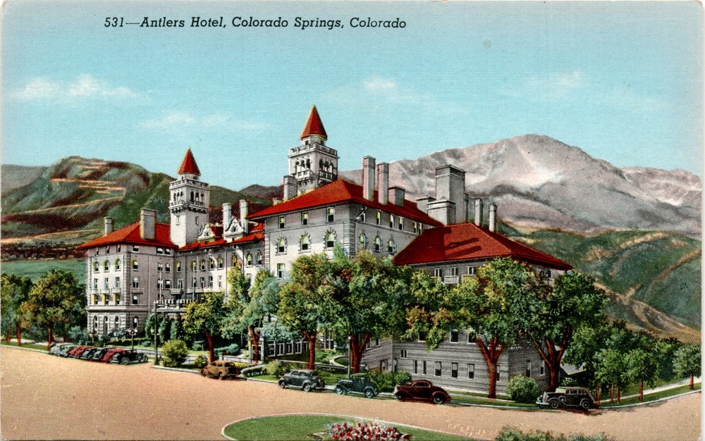 Antlers Hotel, Colorado Springs, Pikes Peak Avenue, Pikes Peak Postcard