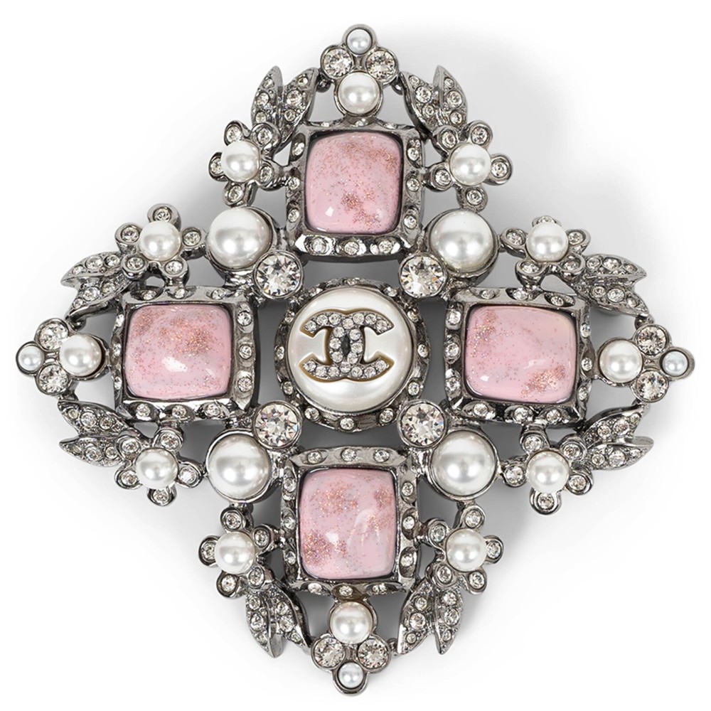 CHANEL 21B silver pink pearl strass brooch auth 71692