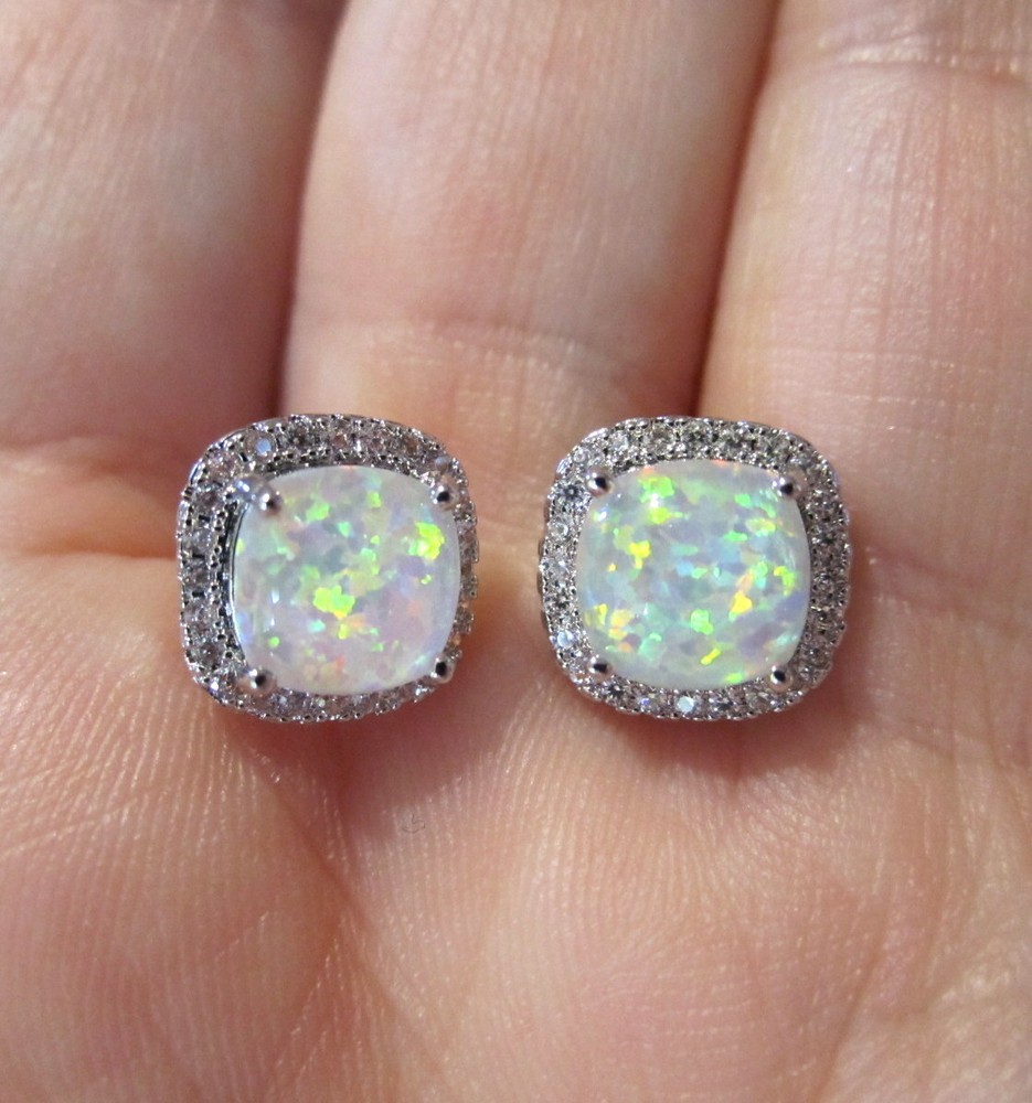 White Opal Earrings~Cubic Zirconia / Silver