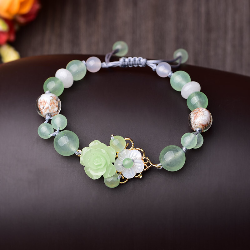 925 Silver Green Jade Flower Bracelets Chalcedony Bangles Natural Jewelry
