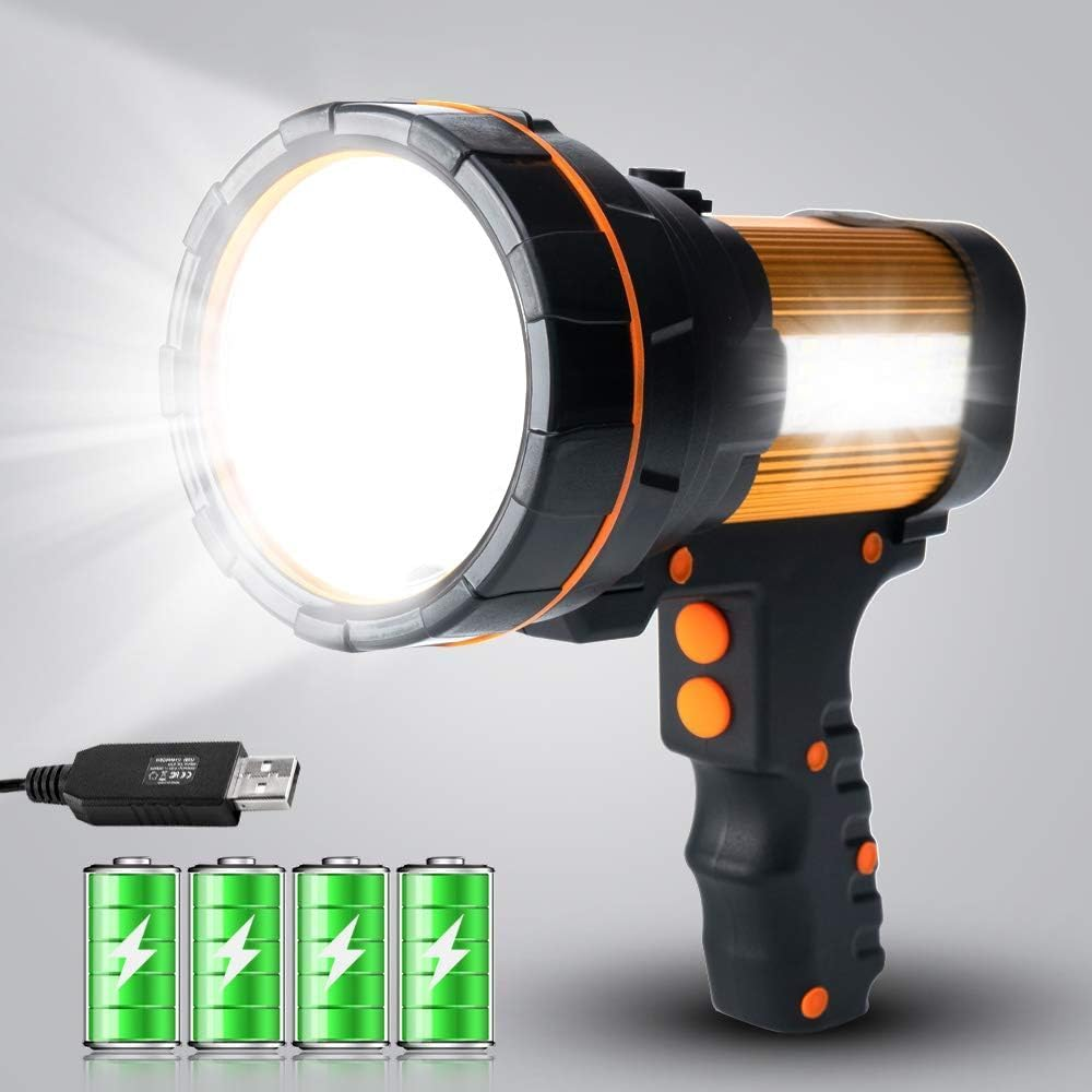 Super Bright 6000 Lumens Rechargeable LED Handheld Spotlight Flashlight with Multiple Modes for Outdoor, Hunting, and Emergency Use