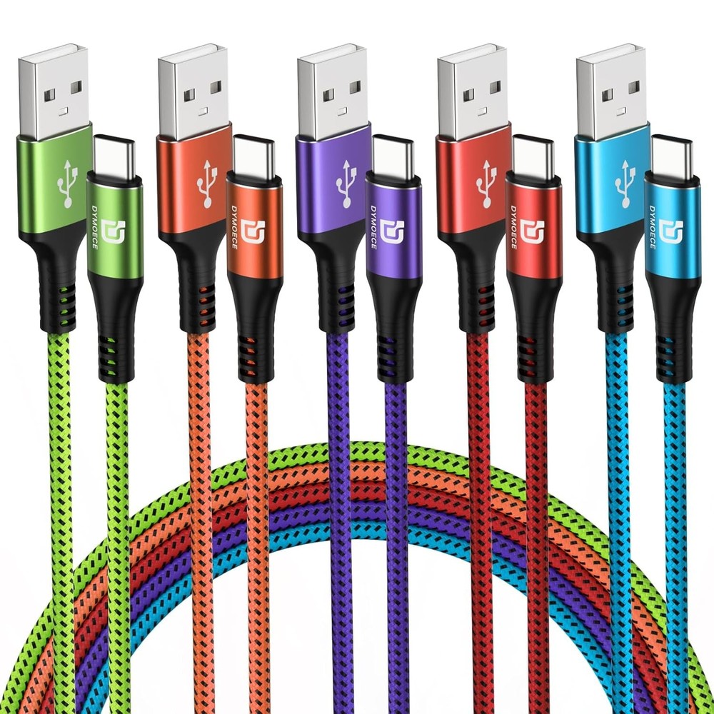 5-Pack 10ft Fast Charging Nylon Braided USB C to USB A Cable  