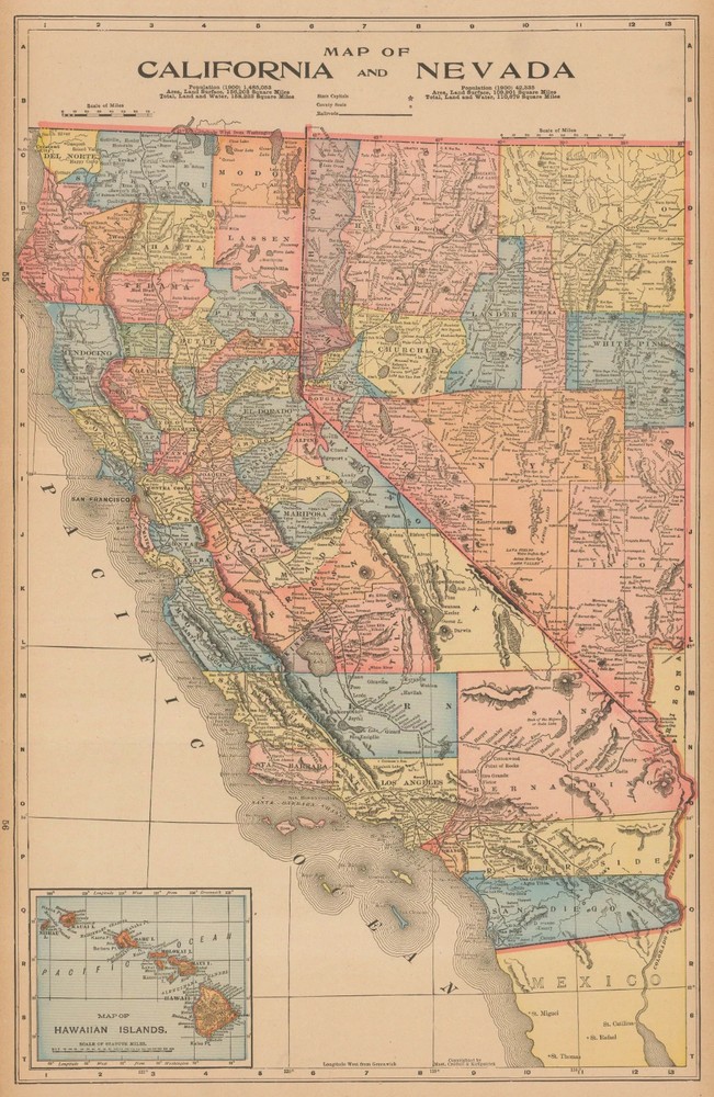 California and Nevada 1897 Vintage Historic Map Poster Print