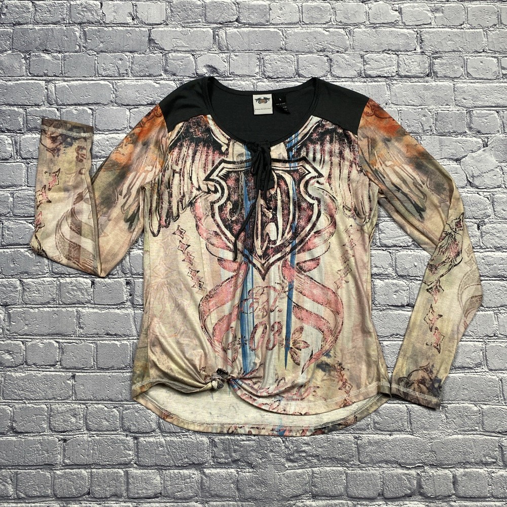 Harley Davidson Graphic Print T-shirt Women’s L Lace Up V-Neck Y2K Style Biker