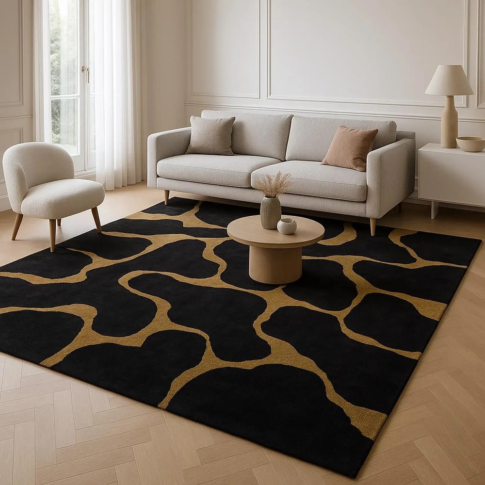Modern Black & Gold Abstract Area Rug | Contemporary Living Room Carpet  Luxury