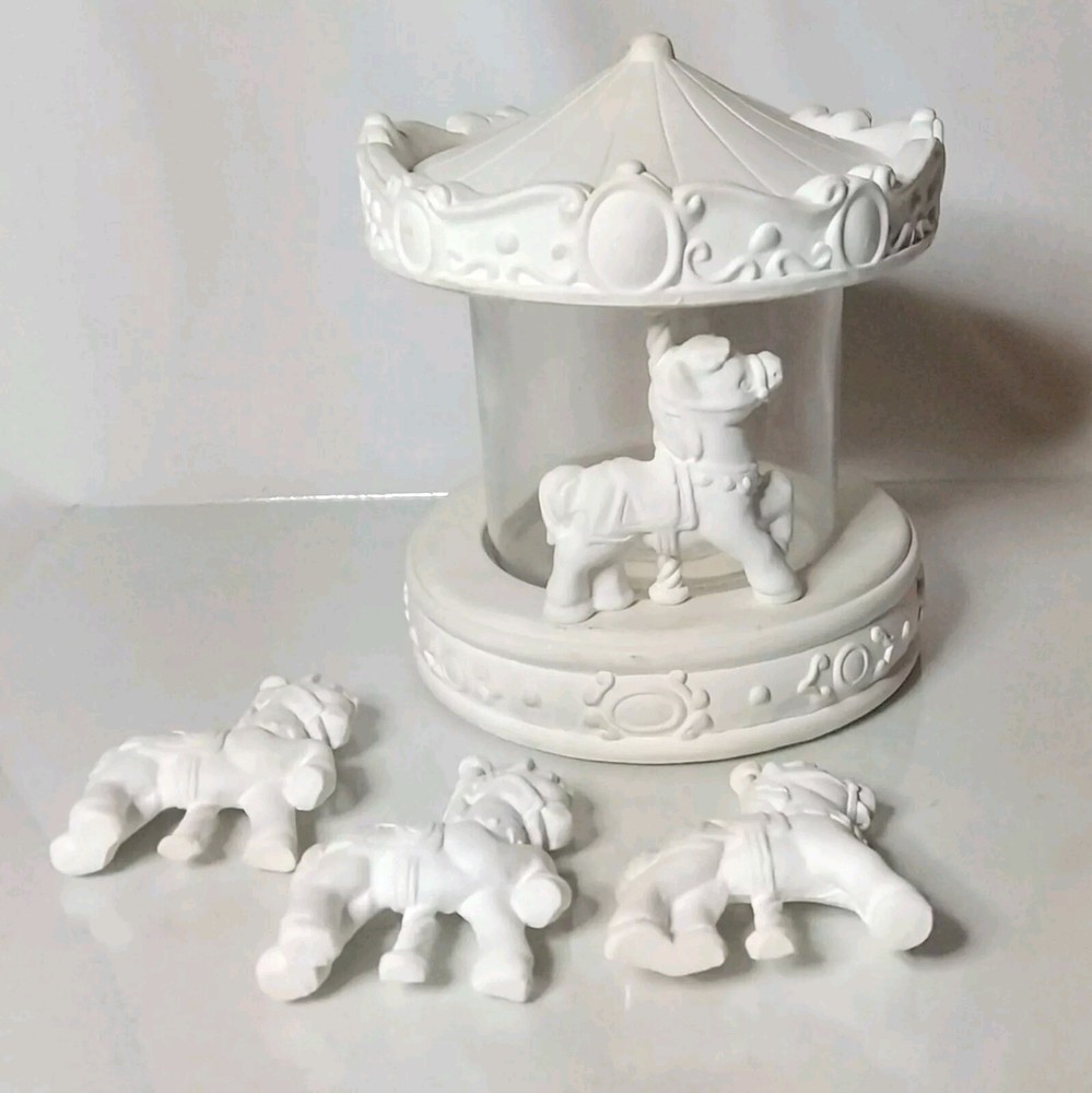 CA. CREA- Ceramic Bisque Carousel W/Jar and 4 Horses Vtg. 1983, USA